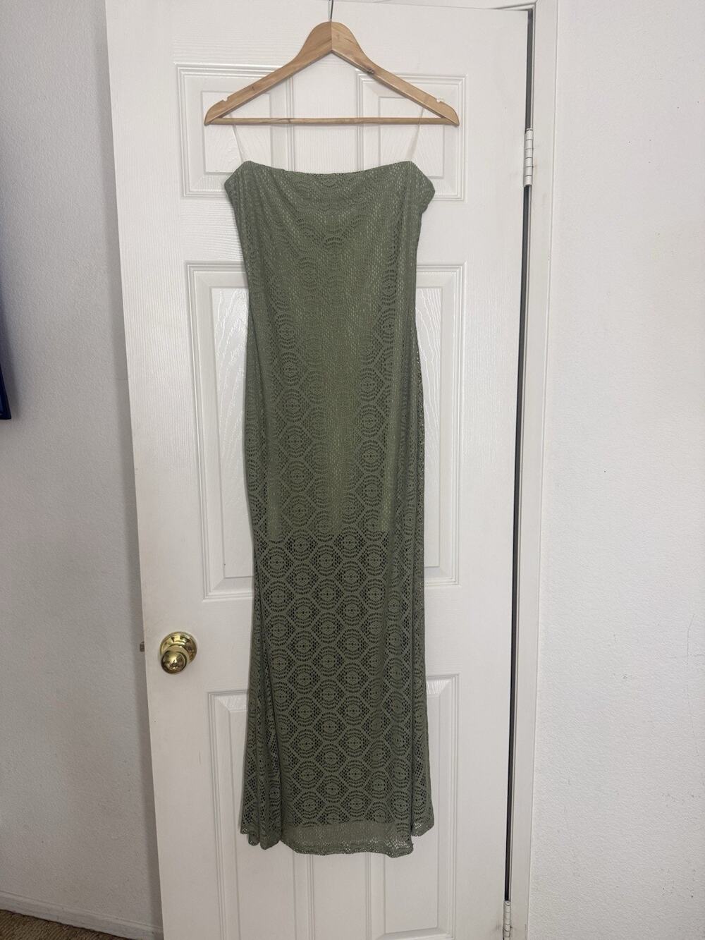 Attirance Strapless Lace Lined Scalloped Olive Midi Casual Dress Womens M